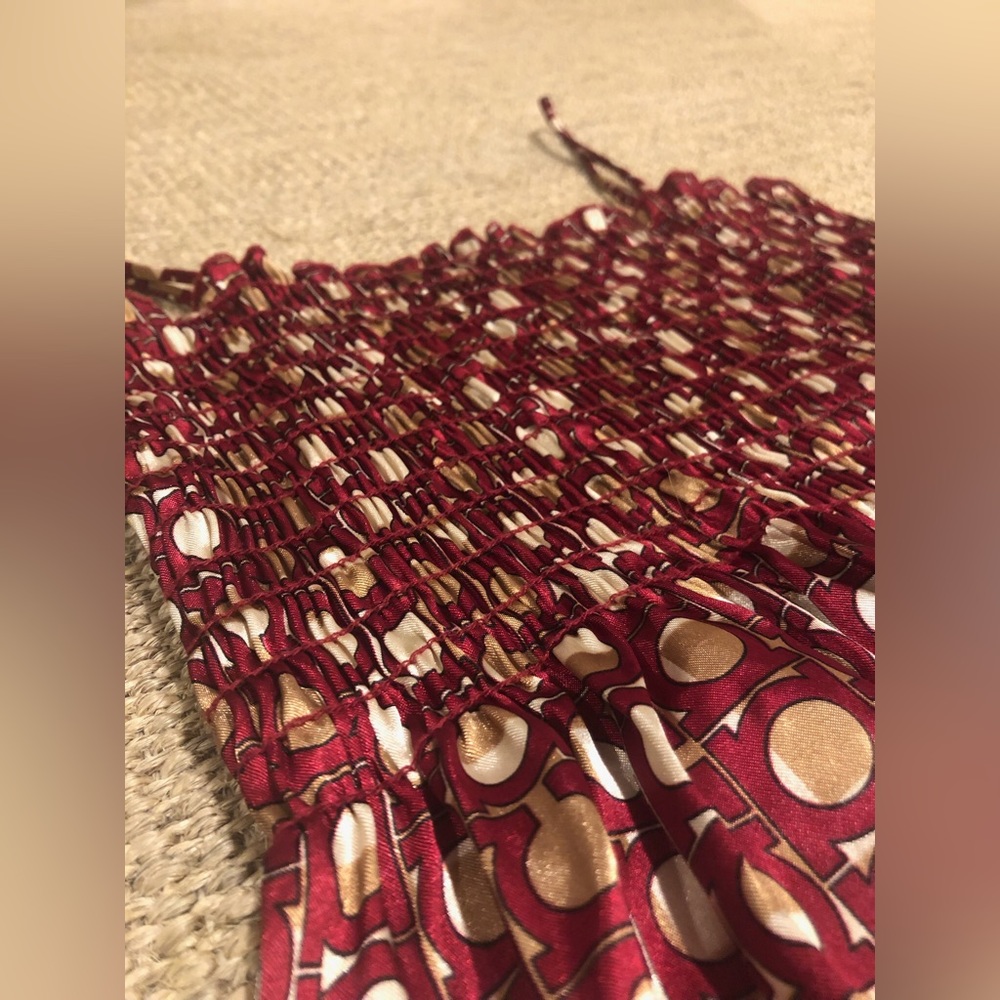 red and gold pattered dress